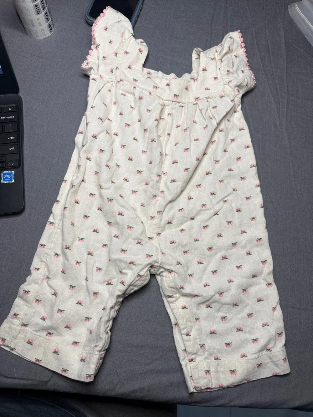 White Floral Girls' Cotton Romper with Pink Print